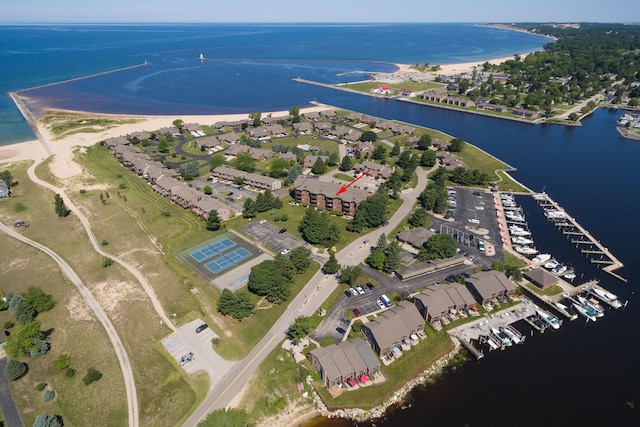 bird's eye view with a water view