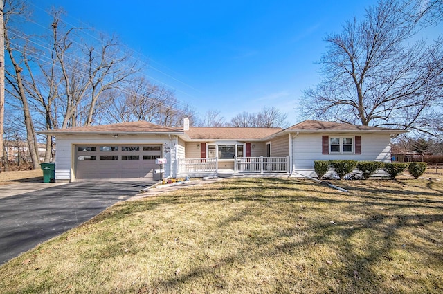 ranch-style house with a front yard, driveway, a porch, a chimney, and a garage