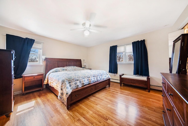 bedroom with light wood-type flooring, ceiling fan, and a baseboard radiator