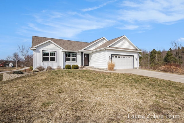 ranch-style house with an attached garage, concrete driveway, a front lawn, and board and batten siding