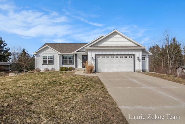 ranch-style house with a front lawn, driveway, board and batten siding, a shingled roof, and a garage