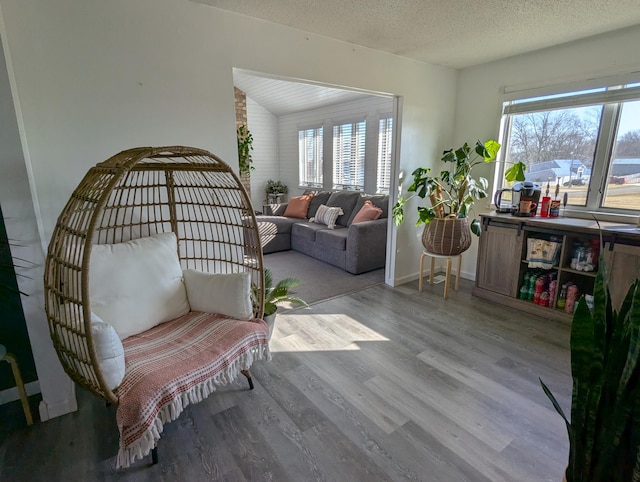 674 Booth Rd, Bronson, MI 49028 - sitting room featuring lofted ceiling, a textured ceiling, baseboards, and wood finished floors