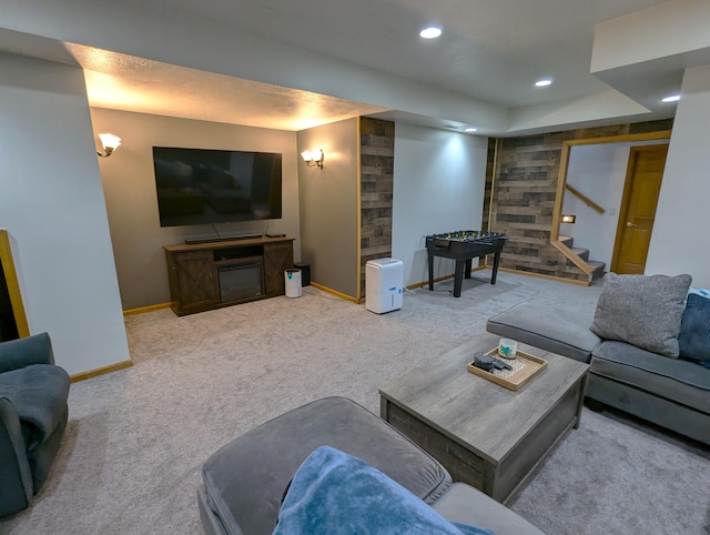 674 Booth Rd, Bronson, MI 49028 - carpeted living room featuring a raised ceiling, recessed lighting, baseboards, and stairway