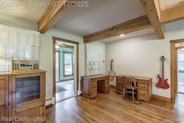 727 Romeo Rd, Rochester, MI 48307 - home office with beam ceiling, wood finished floors, a baseboard radiator, and baseboard heating