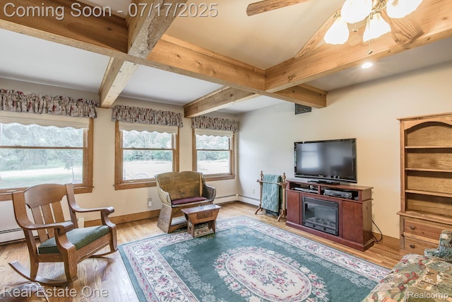 727 Romeo Rd, Rochester, MI 48307 - living area with beam ceiling, light wood-style flooring, ceiling fan, coffered ceiling, and recessed lighting