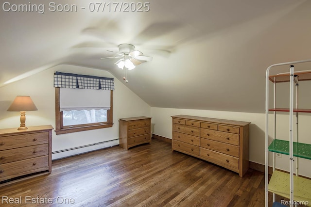 727 Romeo Rd, Rochester, MI 48307 - bedroom featuring a baseboard heating unit, wood finished floors, vaulted ceiling, and a ceiling fan