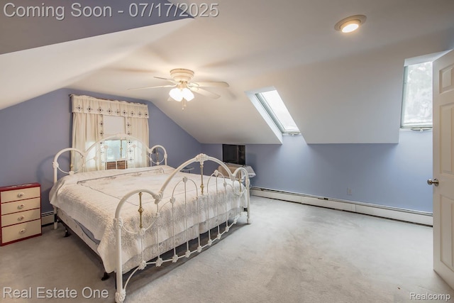 727 Romeo Rd, Rochester, MI 48307 - bedroom featuring baseboard heating, carpet, lofted ceiling, a skylight, and ceiling fan
