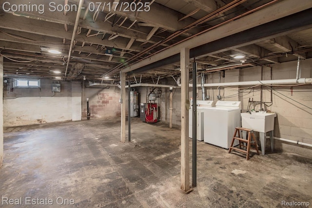 727 Romeo Rd, Rochester, MI 48307 - basement featuring independent washer and dryer, a heating unit, and water heater