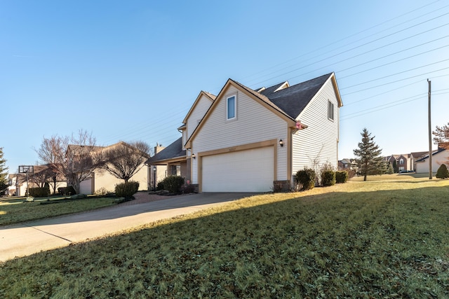 view of property exterior featuring concrete driveway, a lawn, and a garage