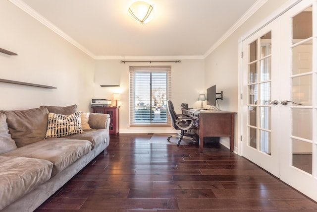 home office with french doors, baseboards, wood finished floors, and ornamental molding
