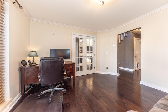 office space featuring built in features, baseboards, hardwood / wood-style flooring, french doors, and crown molding