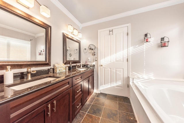 bathroom with crown molding, a bath, double vanity, and a sink