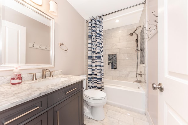 full bathroom with tile patterned floors, toilet, vanity, and shower / bathtub combination with curtain