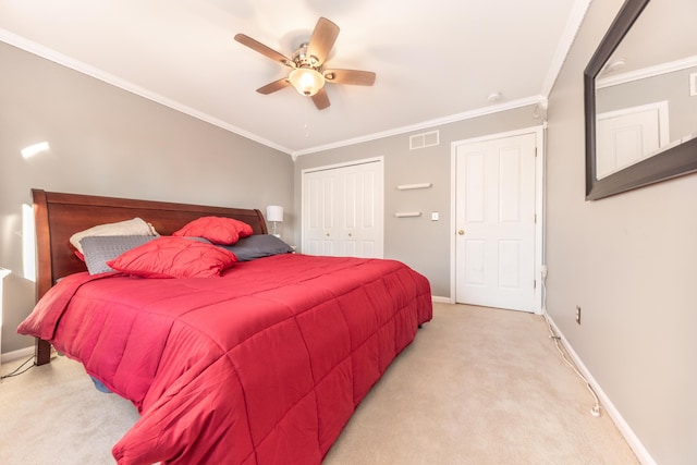 bedroom featuring light carpet, visible vents, a closet, and ornamental molding