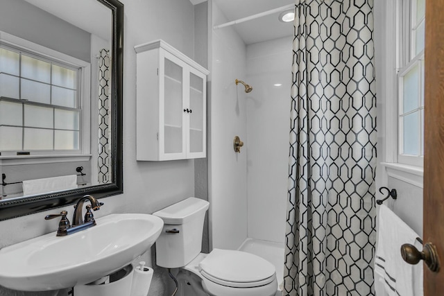 bathroom featuring a sink, toilet, and a stall shower