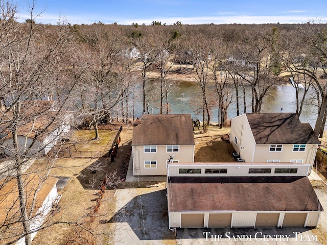 drone / aerial view with a water view