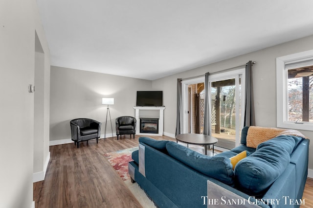 living area with a glass covered fireplace, wood finished floors, and baseboards