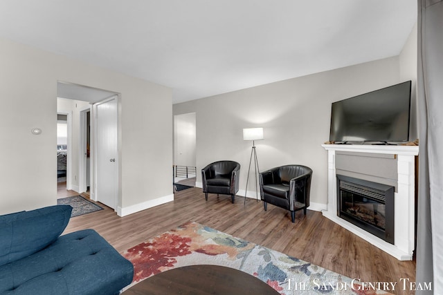 living area with a glass covered fireplace, baseboards, and wood finished floors