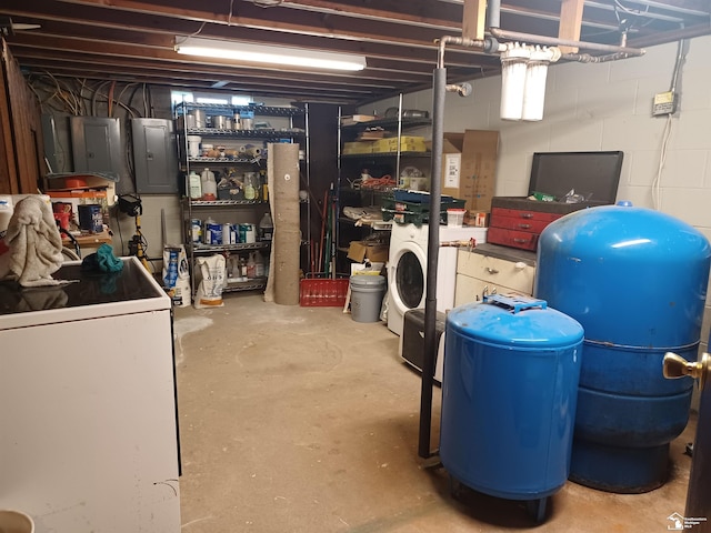 unfinished basement with electric panel and concrete block wall