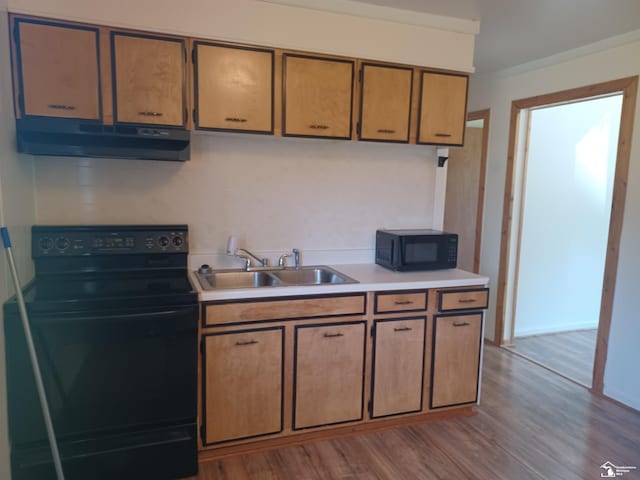 kitchen featuring black appliances, a sink, under cabinet range hood, wood finished floors, and light countertops