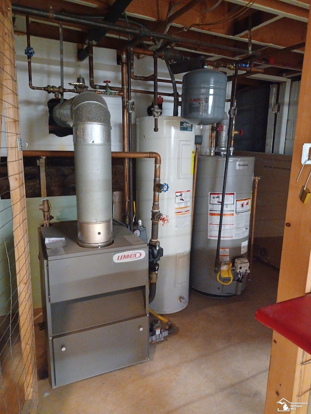 utilities featuring gas water heater, a heating unit, and water heater