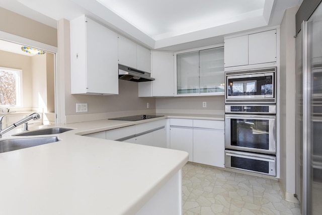 kitchen featuring a sink, light countertops, built in appliances, under cabinet range hood, and white cabinetry