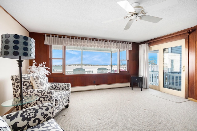 sitting room featuring plenty of natural light, baseboard heating, carpet flooring, and a textured ceiling