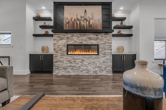 living room with recessed lighting, baseboards, a stone fireplace, and wood finished floors