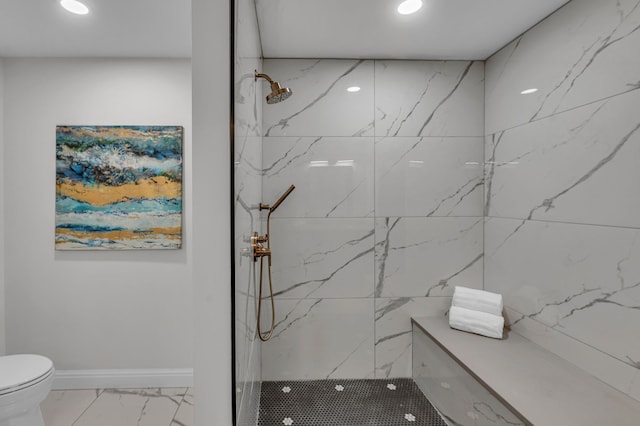 full bathroom featuring baseboards, a marble finish shower, recessed lighting, toilet, and marble finish floor