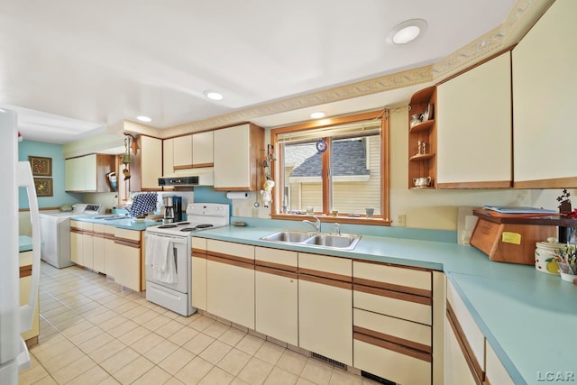 kitchen featuring independent washer and dryer, electric stove, a sink, under cabinet range hood, and light countertops