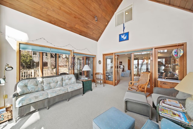 living area featuring french doors, carpet flooring, high vaulted ceiling, and wooden ceiling