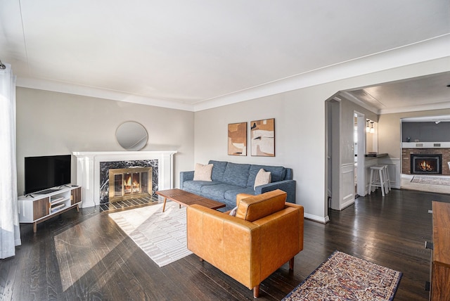 3018 Guilford Dr, Royal Oak, MI 48073 - living room featuring a glass covered fireplace, wood finished floors, crown molding, and baseboards