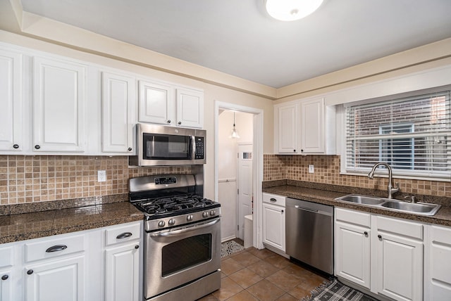 3018 Guilford Dr, Royal Oak, MI 48073 - kitchen with stainless steel appliances, a sink, white cabinets, backsplash, and dark tile patterned flooring