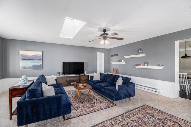 3018 Guilford Dr, Royal Oak, MI 48073 - living area featuring baseboard heating, carpet, a skylight, and ceiling fan
