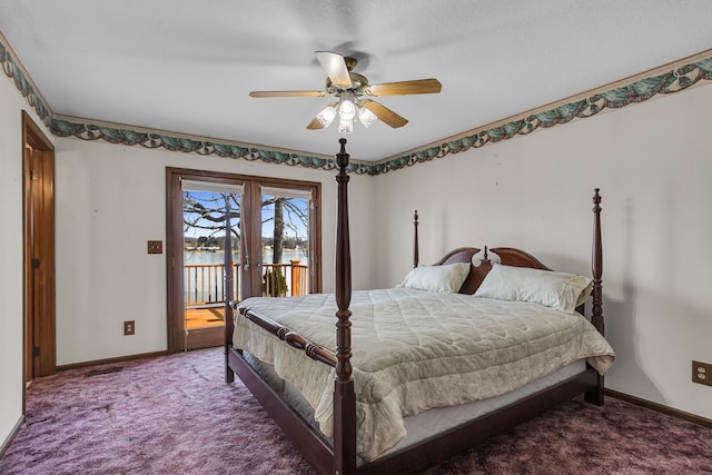 carpeted bedroom featuring baseboards, a water view, french doors, a ceiling fan, and access to outside