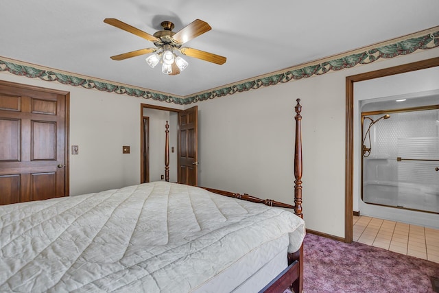 tiled bedroom with carpet flooring, baseboards, and ceiling fan