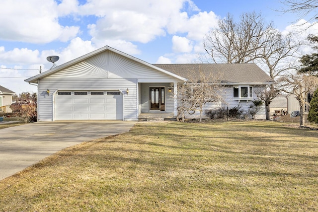 single story home with a front yard, concrete driveway, and a garage