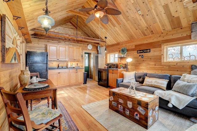 living area featuring a ceiling fan, high vaulted ceiling, light wood-style flooring, wood walls, and wooden ceiling