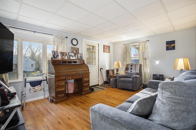 living room with a drop ceiling, baseboards, and light wood-style floors