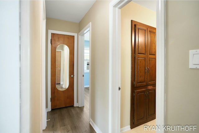 hall with baseboards and wood finished floors