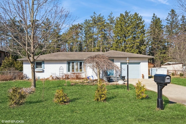 ranch-style home featuring fence, driveway, a front lawn, a garage, and brick siding