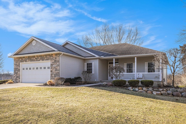 ranch-style house featuring a porch, a shingled roof, concrete driveway, a front yard, and an attached garage