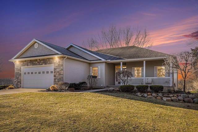 single story home featuring roof with shingles, a porch, a front lawn, concrete driveway, and a garage