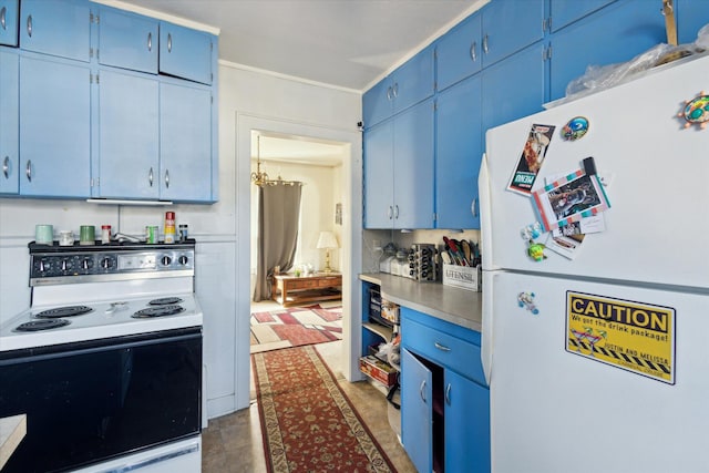 kitchen with blue cabinetry, white appliances, light countertops, and an inviting chandelier