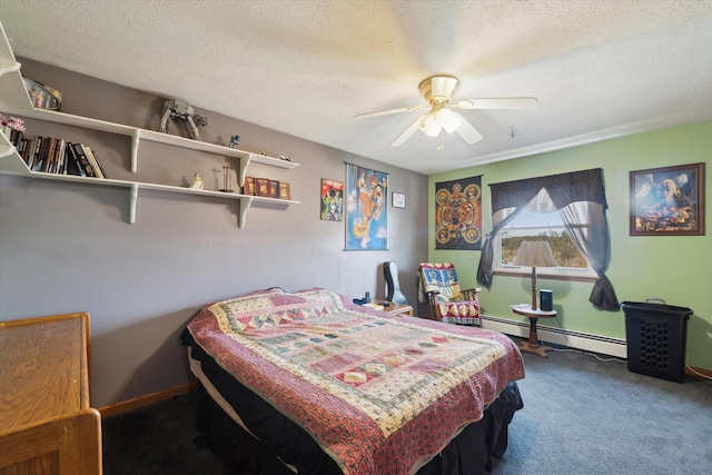 carpeted bedroom featuring a baseboard radiator, baseboards, a textured ceiling, and a ceiling fan