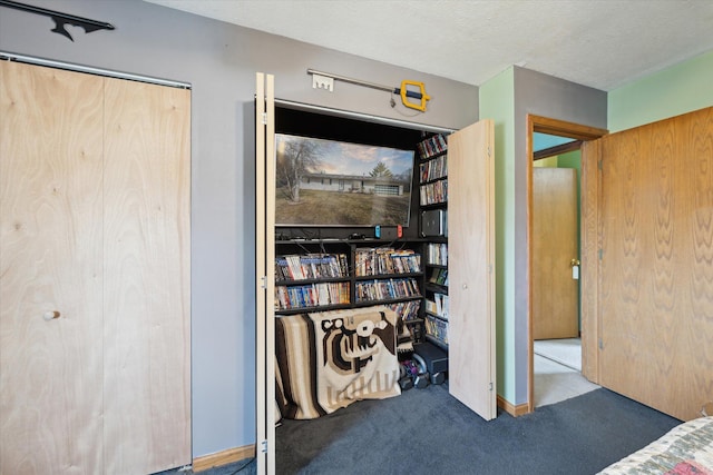 carpeted bedroom with a textured ceiling