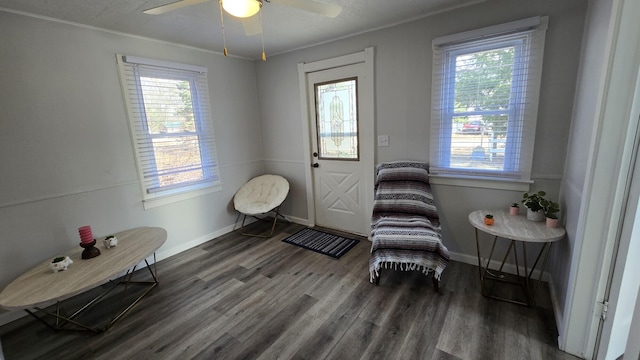 sitting room featuring ceiling fan, wood finished floors, baseboards, and a healthy amount of sunlight