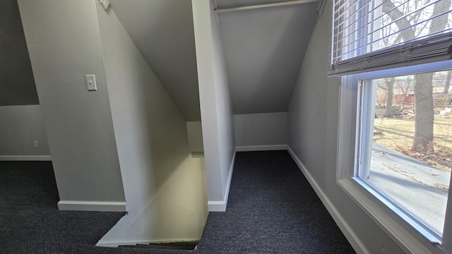 interior space with baseboards, carpet floors, and lofted ceiling