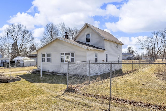 view of property exterior with a lawn, a chimney, and fence