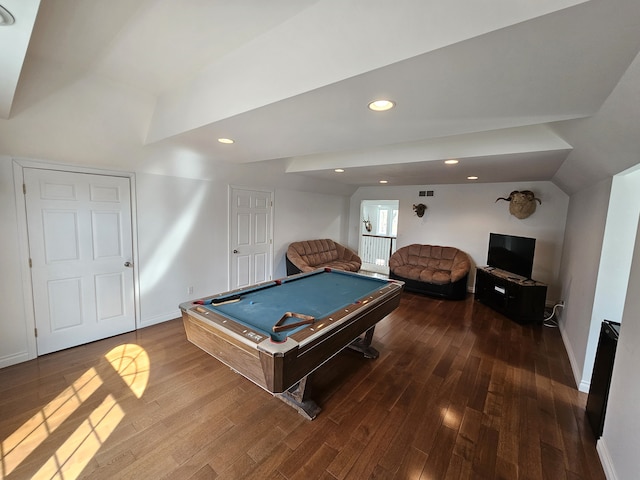 playroom featuring pool table, recessed lighting, wood finished floors, and baseboards